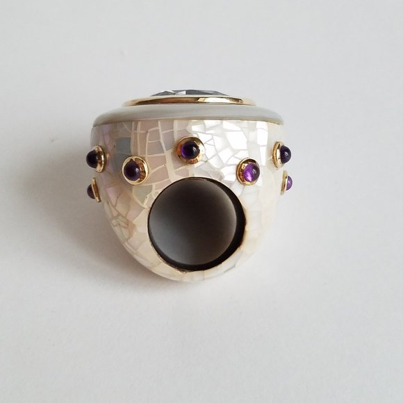 Angelique De Paris 18k Gold Plated Ring with Zircon & Mother of Pearl Size 5 - Picture 3 of 12